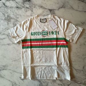 Gucci White Crewneck Tee with Green & Red Accent